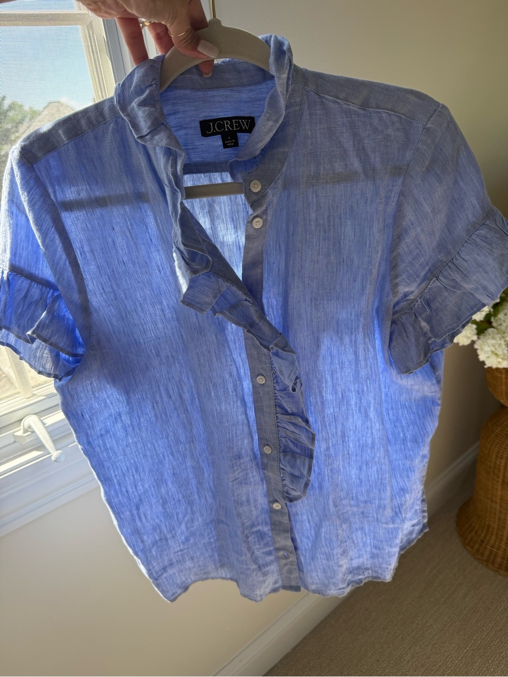 J.Crew Women's Light Blue Ruffle Short-Sleeve Shirt